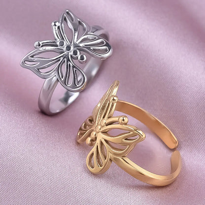 Wholesale Jewelry Sweet Simple Style Butterfly 304 Stainless Steel 18K Gold Plated Polishing Hollow Out Open Rings