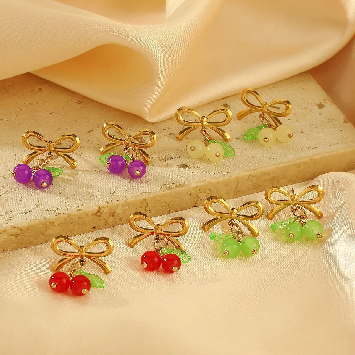 Wholesale Jewelry Sweet Simple Style Cherry Bow Knot 304 Stainless Steel Rings Earrings