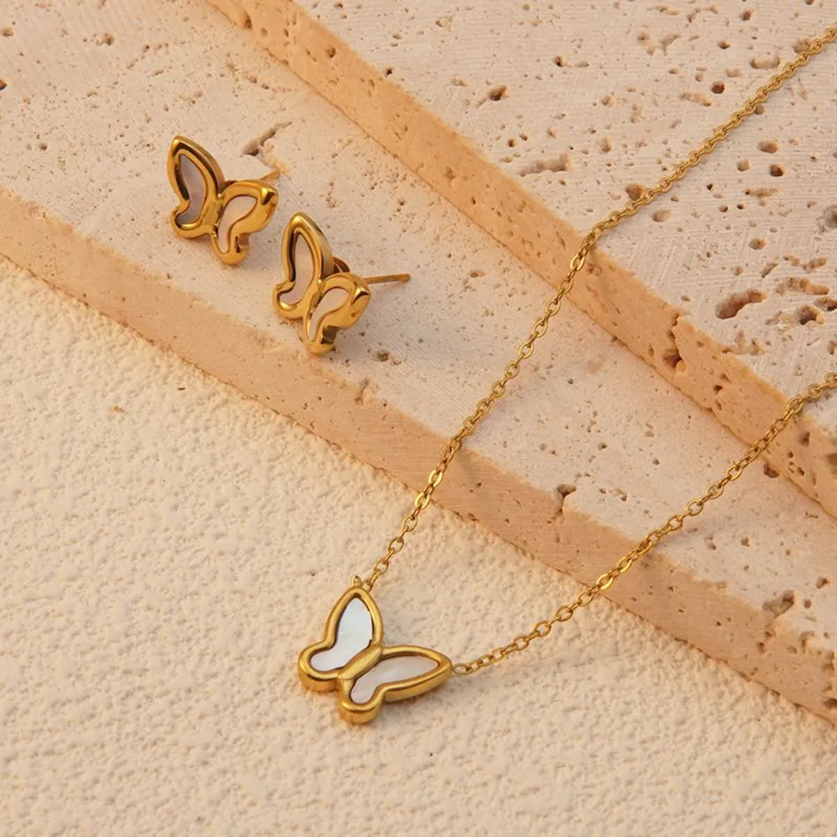 Wholesale Jewelry Sweet Simple Style Commute Butterfly 304 Stainless Steel Shell 18K Gold Plated Plating Inlay Ear Studs Necklace Jewelry Set