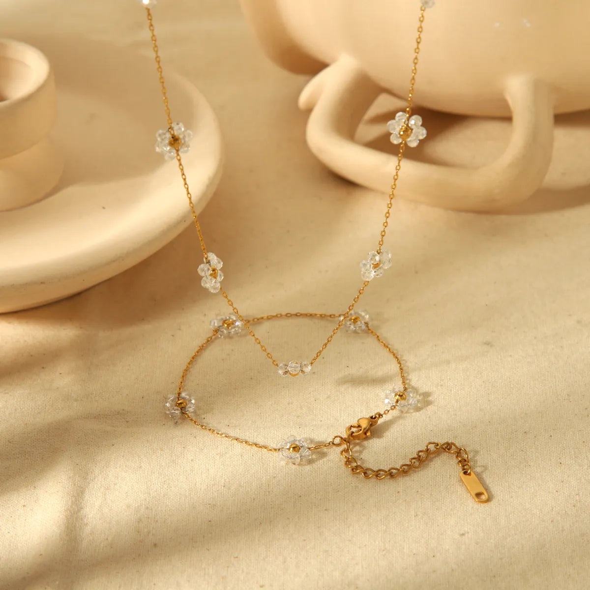 Wholesale Jewelry Sweet Simple Style Flower 304 Stainless Steel 18K Gold Plated Beaded Polishing Bracelets Necklace