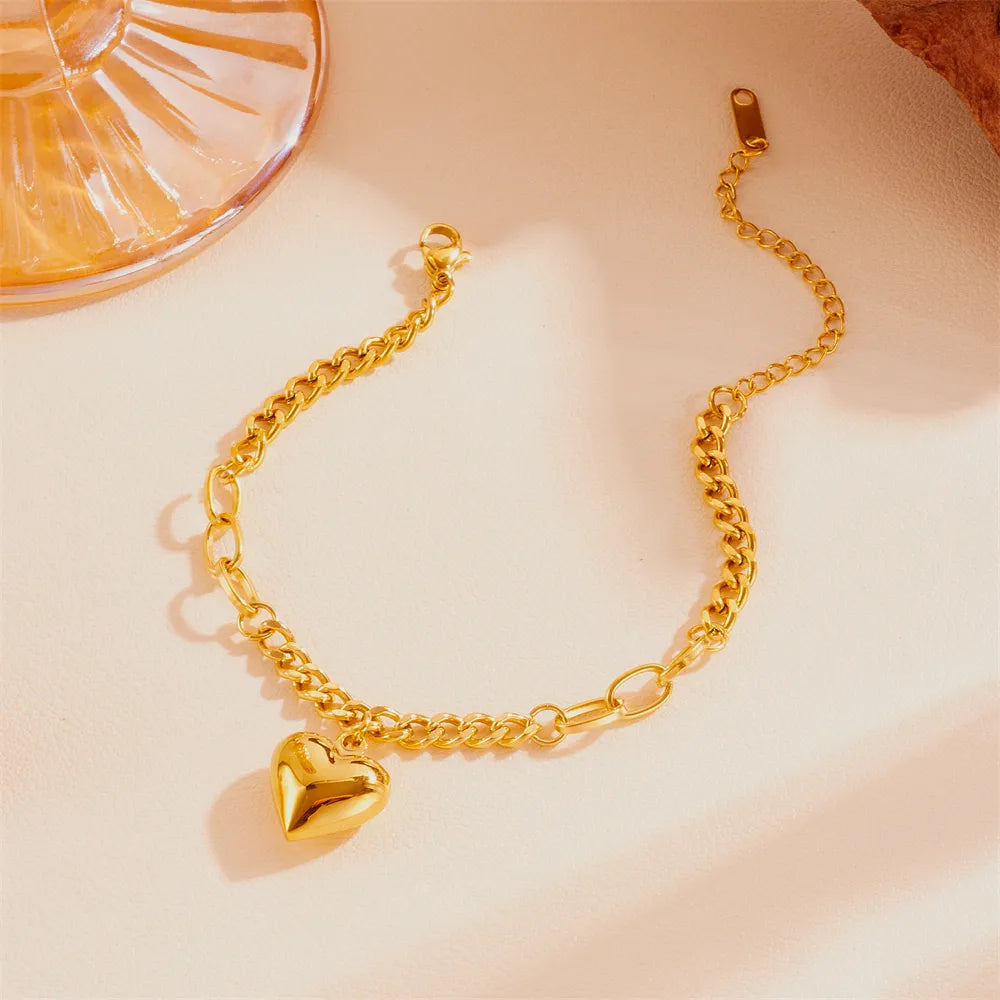 Wholesale Jewelry Sweet Simple Style Heart Shape Titanium Steel 18K Gold Plated Bracelets Necklace Jewelry Set