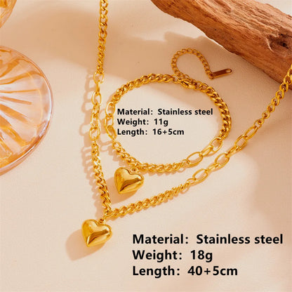 Wholesale Jewelry Sweet Simple Style Heart Shape Titanium Steel 18K Gold Plated Bracelets Necklace Jewelry Set