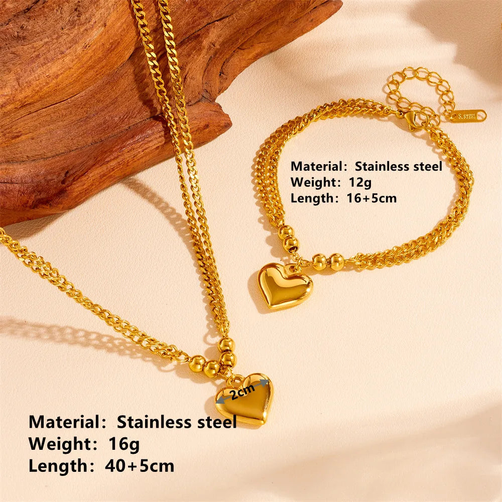 Wholesale Jewelry Sweet Simple Style Heart Shape Titanium Steel 18K Gold Plated Bracelets Necklace