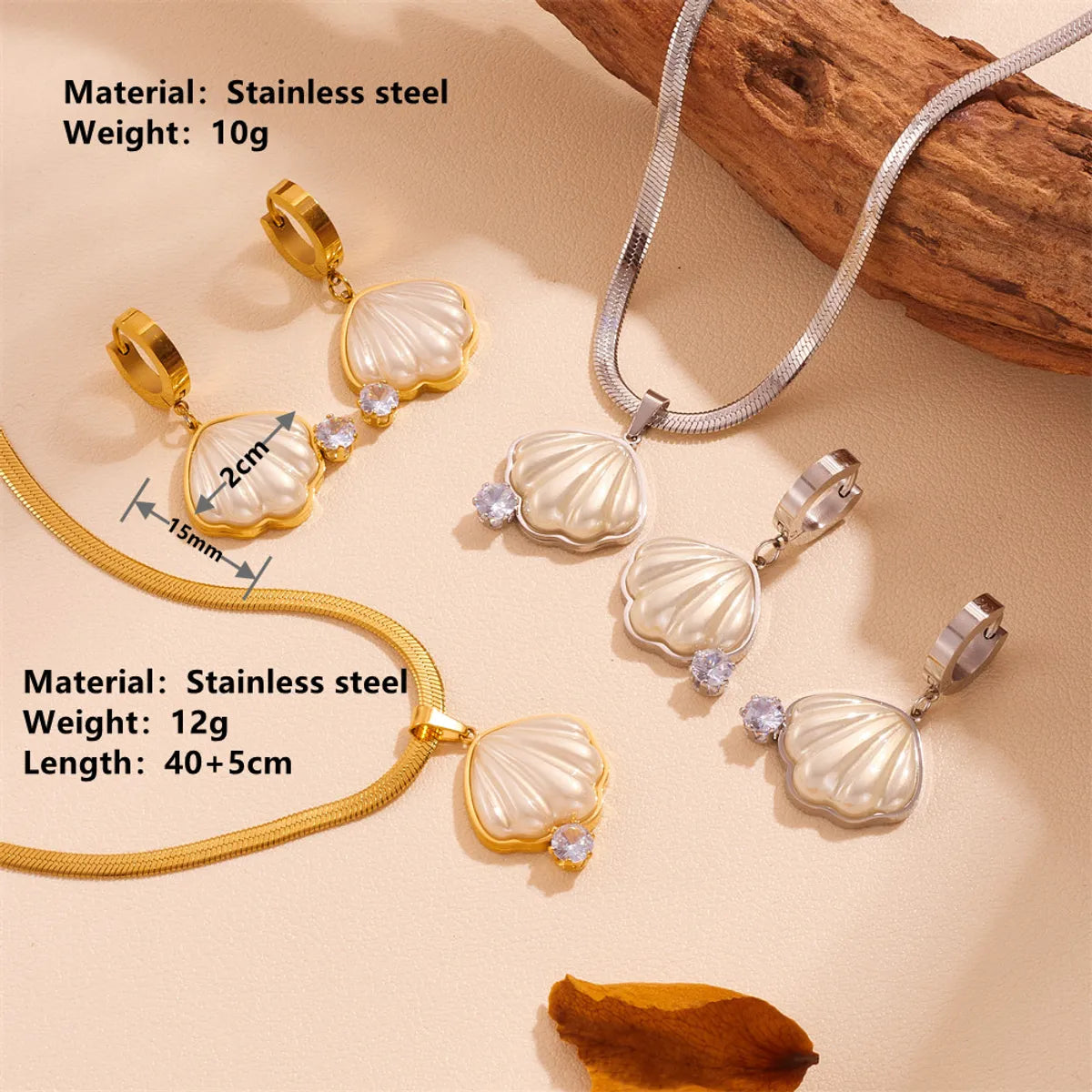 Wholesale Jewelry Sweet Simple Style Shell Titanium Steel Rhinestones Shell 18K Gold Plated Inlay Earrings Necklace