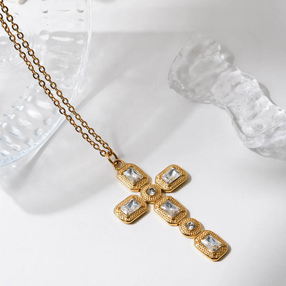 Wholesale Jewelry Sweet Simple Style Shiny Cross 304 Stainless Steel Zircon 14K Gold Plated Inlay Pendant Necklace