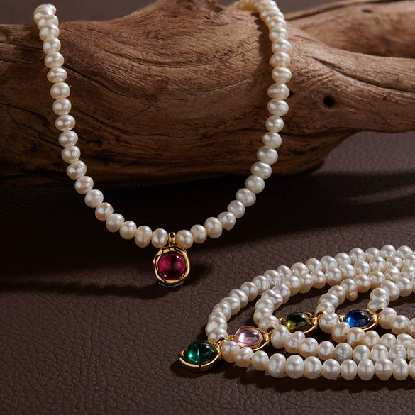 Wholesale Jewelry Sweet Style Geometric Sterling Silver 925 Zircon And Natural Freshwater Pearl Pendant Necklace For Women