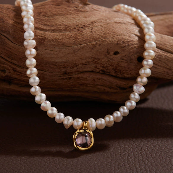 Wholesale Jewelry Sweet Style Geometric Sterling Silver 925 Zircon And Natural Freshwater Pearl Pendant Necklace For Women