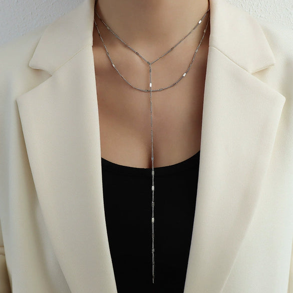 Wholesale Jewelry Tassel Double Side Chain 316L Stainless Steel 18K Gold Electroplated Geometric Collarbone Necklace