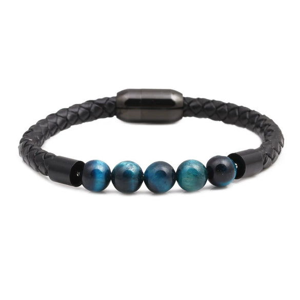 Wholesale Jewelry Tiger Eye Stone Beaded Bracelet Titanium Steel Magnetic Buckle Leather Rope Geometric Handmade Unisex