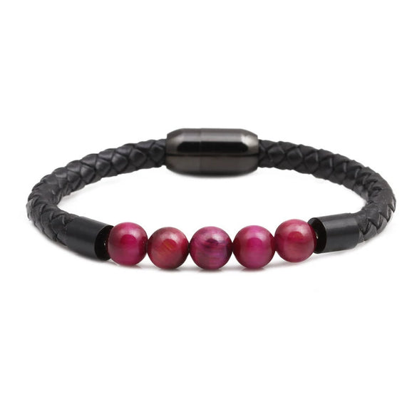 Wholesale Jewelry Tiger Eye Stone Beaded Bracelet Titanium Steel Magnetic Buckle Leather Rope Geometric Handmade Unisex