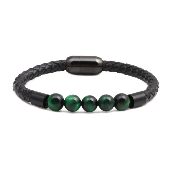 Wholesale Jewelry Tiger Eye Stone Beaded Bracelet Titanium Steel Magnetic Buckle Leather Rope Geometric Handmade Unisex