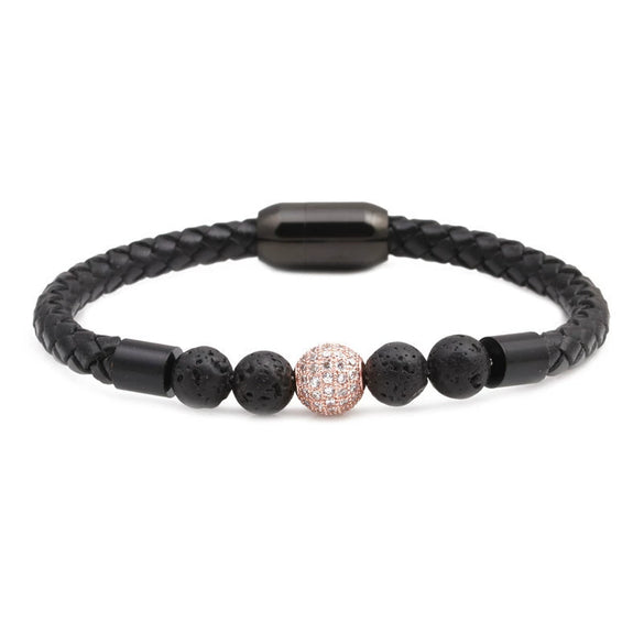 Wholesale Jewelry Tiger Eye Stone Beaded Bracelet Titanium Steel Magnetic Buckle Leather Rope Geometric Handmade Unisex
