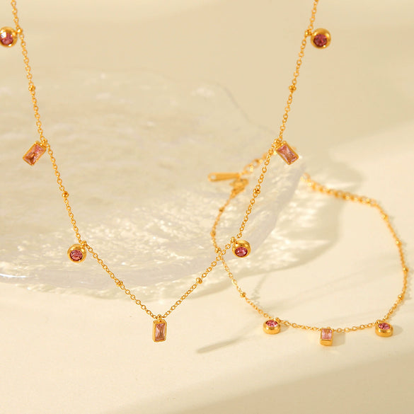 Wholesale Jewelry Titanium Steel And Stainless Steel Geometric Pink Purple Zircon Pendant Clavicle Chain With Electroplating