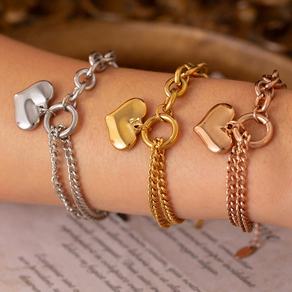 Wholesale Jewelry 316L Stainless Steel Asymmetric Chain Love Pendant Bracelet With Heart And Geometric Pattern Electroplating Unisex