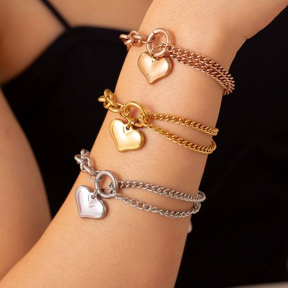 Wholesale Jewelry 316L Stainless Steel Asymmetric Chain Love Pendant Bracelet With Heart And Geometric Pattern Electroplating Unisex