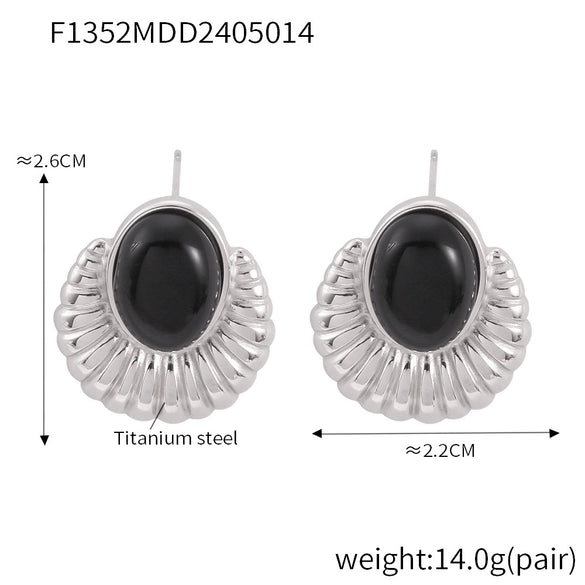 Wholesale Jewelry 316L Stainless Steel Black Agate Electroplated 18K Real Gold Heart And Geometric Style Earrings