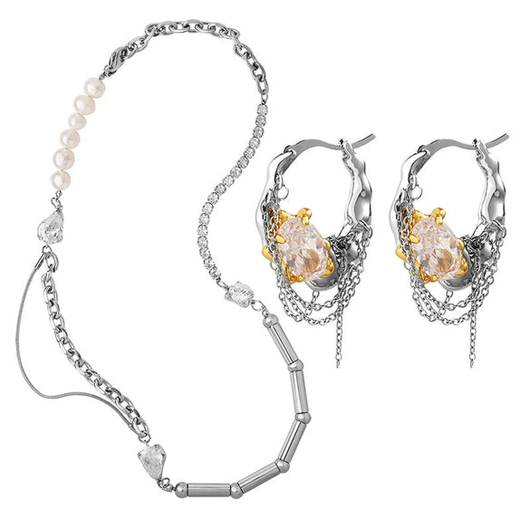 Wholesale Jewelry 316L Stainless Steel Copper Freshwater Pearl Inlaid Zircon Light Luxury Electroplating Women's Necklace Earrings