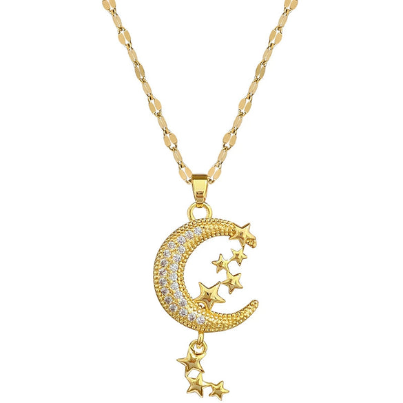 Wholesale Jewelry Titanium Steel Copper Geometric Moon Star Tassel Necklace Unisex