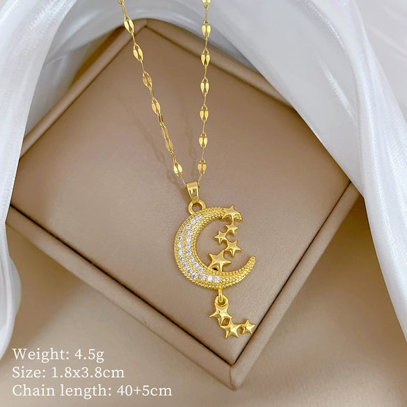 Wholesale Jewelry Titanium Steel Copper Geometric Moon Star Tassel Necklace Unisex