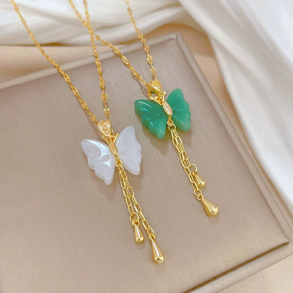 Wholesale Jewelry Titanium Steel Copper Goldplated Geometric Butterfly Pendant With Real Gold Chalcedony And Diamond Design For Women