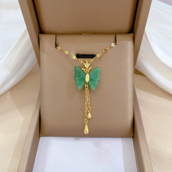 Wholesale Jewelry Titanium Steel Copper Goldplated Geometric Butterfly Pendant With Real Gold Chalcedony And Diamond Design For Women