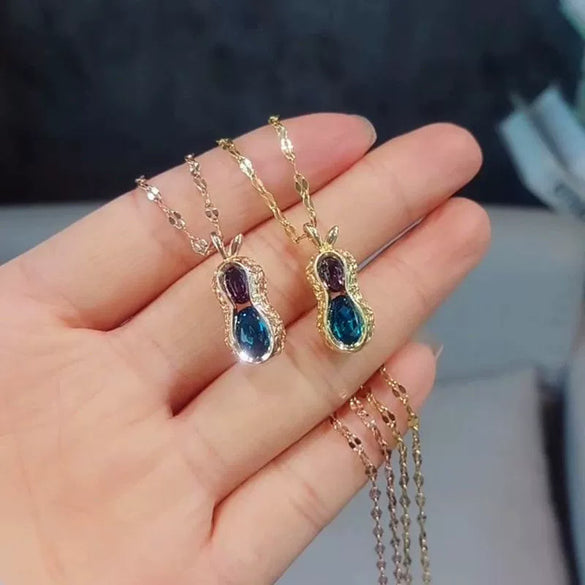 Wholesale Jewelry Titanium Steel Copper Peanut Shaped Sapphire Two Color Geometric Simple Design Necklace For Women
