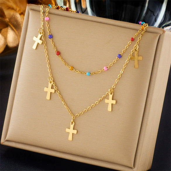Wholesale Jewelry Titanium Steel Cross Crown Roman Numerals Electroplated Pendant Necklace For Women