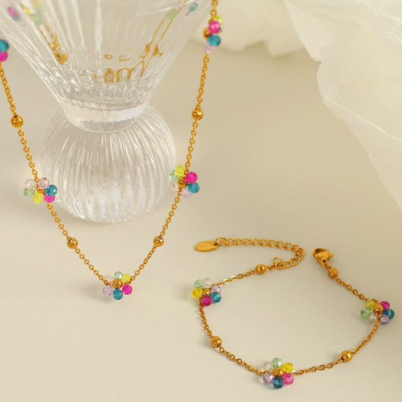Wholesale Jewelry 316L Stainless Steel Crystal Flower Handmade Chain Necklace For Women