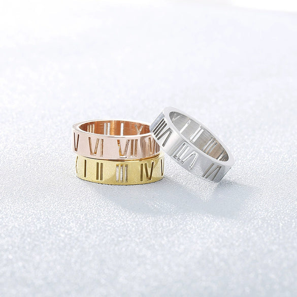 Wholesale Jewelry Titanium Steel Cut Out Roman Numeral Women's Ring Electroplated