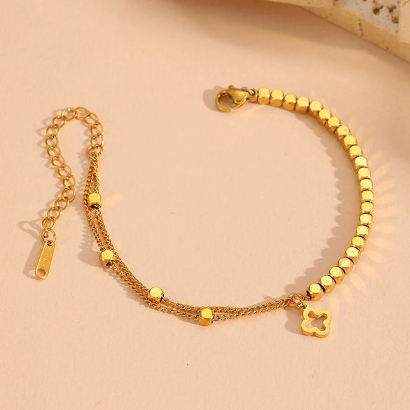 Wholesale Jewelry Titanium Steel Doublechain Square Fourleaf Flower Pendant Bracelet Electroplated Cartoon Style For Women