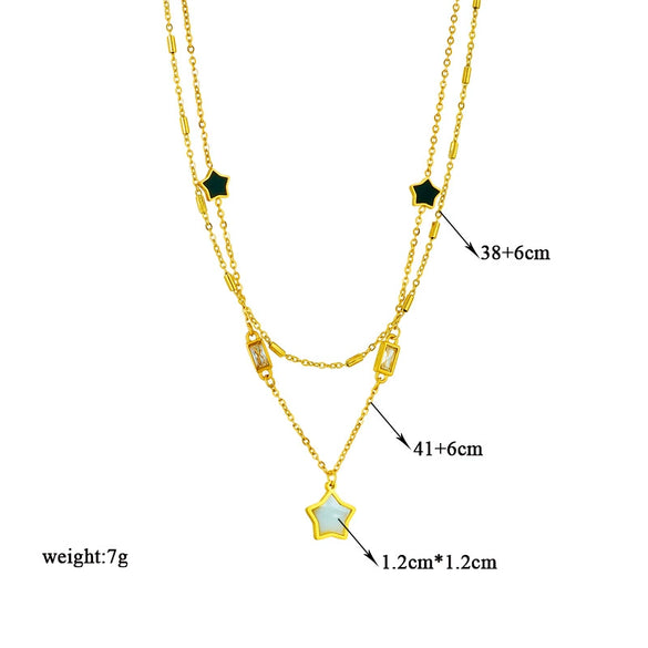 Wholesale Jewelry Titanium Steel Doublelayer Stacked Black And White Fivepointed Star Square Pendant Necklace With Electroplating For Women