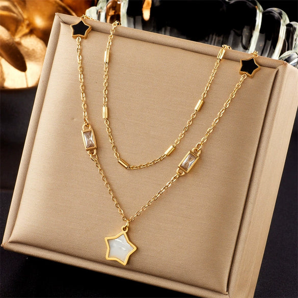 Wholesale Jewelry Titanium Steel Doublelayer Stacked Black And White Fivepointed Star Square Pendant Necklace With Electroplating For Women