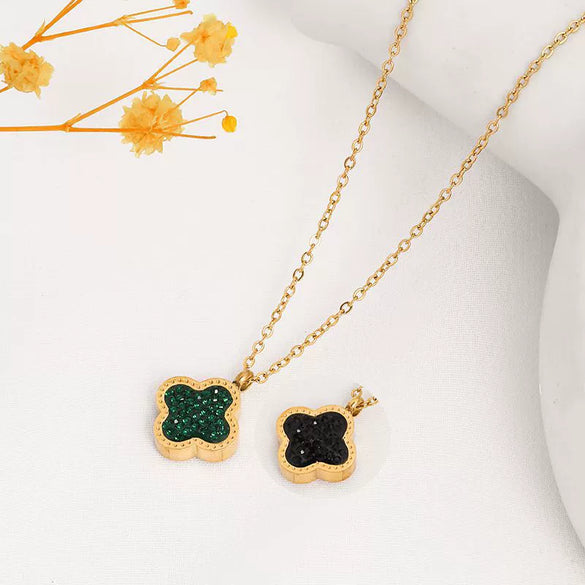 Wholesale Jewelry Titanium Steel Doublesided Flower Clover Fritillary Gold Inlaid Pendant Necklace For Women