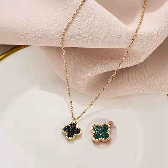 Wholesale Jewelry Titanium Steel Doublesided Flower Clover Fritillary Gold Inlaid Pendant Necklace For Women