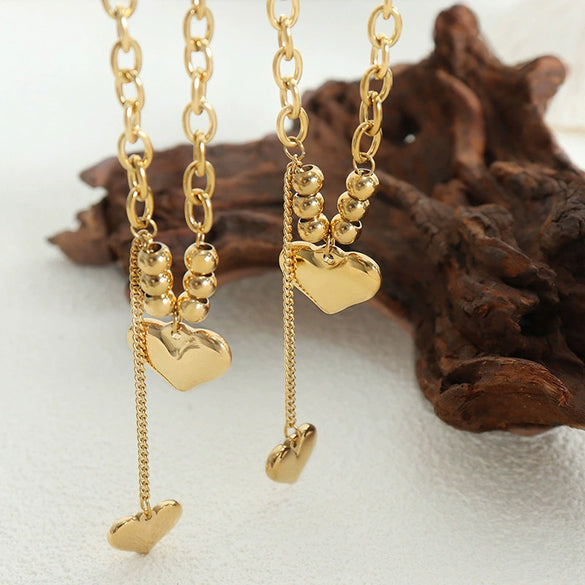 Wholesale Jewelry 316L Stainless Steel Electroplated 18K Gold Double Heart And Geometric Pendant Clavicle Necklace For Women