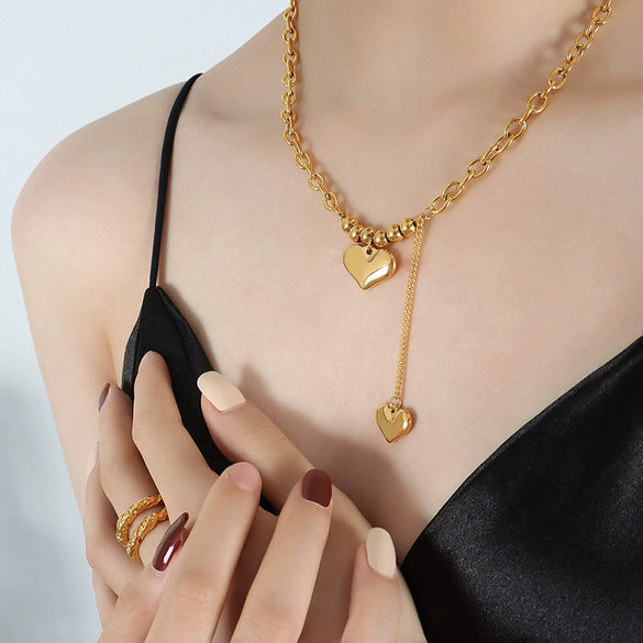 Wholesale Jewelry 316L Stainless Steel Electroplated 18K Gold Double Heart And Geometric Pendant Clavicle Necklace For Women