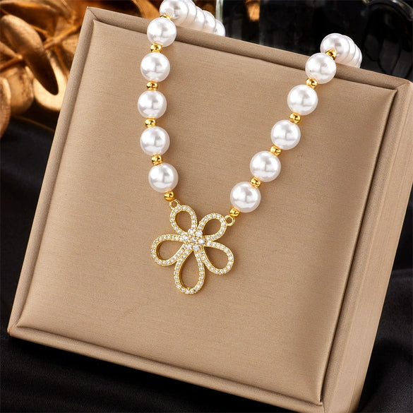 Wholesale Jewelry Titanium Steel Flower Beaded Handwoven Necklace With Electroplating Treatment
