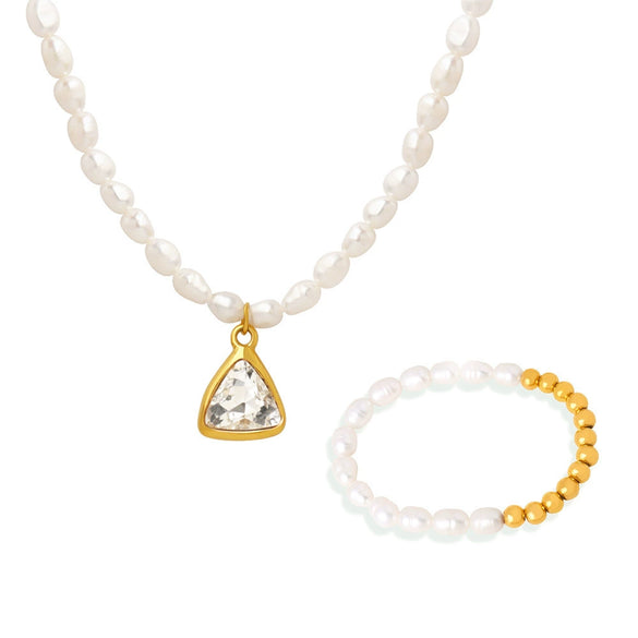 Wholesale Jewelry Titanium Steel Freshwater Pearl Angular Pendant Necklace Bracelet Electroplated Palace Style For Women
