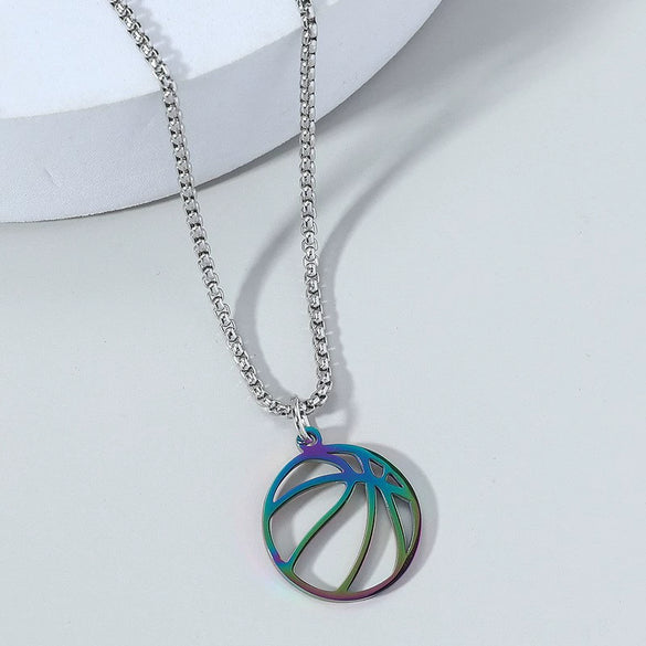 Wholesale Jewelry Titanium Steel Geometric Basketball Pendant Necklace With Pearl Chain And Electroplating