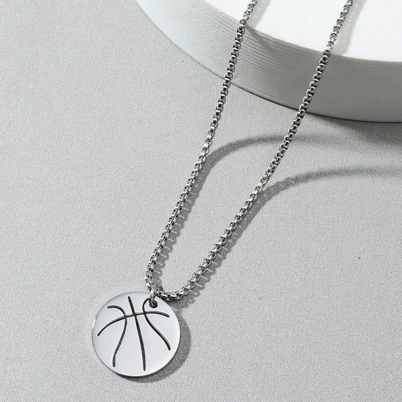 Wholesale Jewelry Titanium Steel Geometric Basketball Pendant Necklace With Pearl Chain And Electroplating