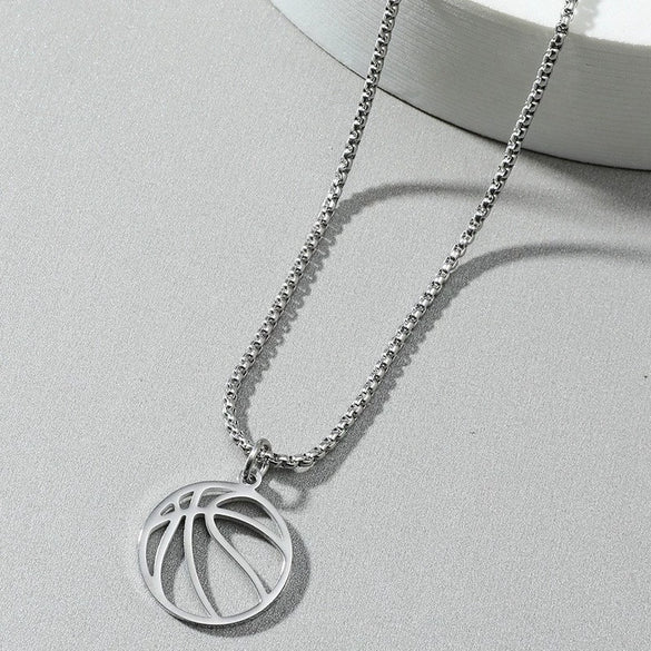 Wholesale Jewelry Titanium Steel Geometric Basketball Pendant Necklace With Pearl Chain And Electroplating
