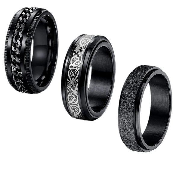 Wholesale Jewelry Titanium Steel Geometric Black Threepiece Set Rotating Decompression Ring Electroplated