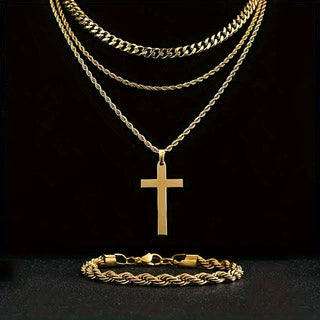 Wholesale Jewelry Titanium Steel Geometric Cuban Chain Double Layer Cross Pendant Necklace