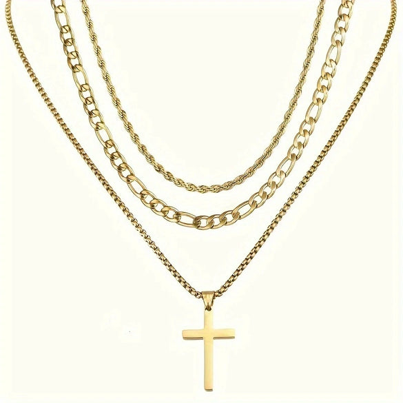 Wholesale Jewelry Titanium Steel Geometric Cuban Chain Double Layer Cross Pendant Necklace