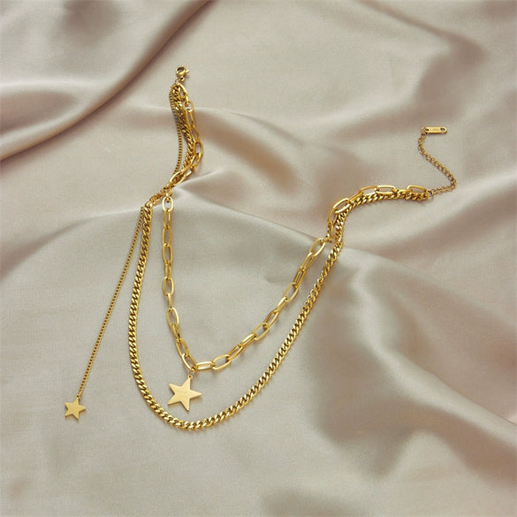 Wholesale Jewelry Titanium Steel Geometric Fivepointed Star Doublelayer Pendant Clavicle Necklace Electroplated For Women