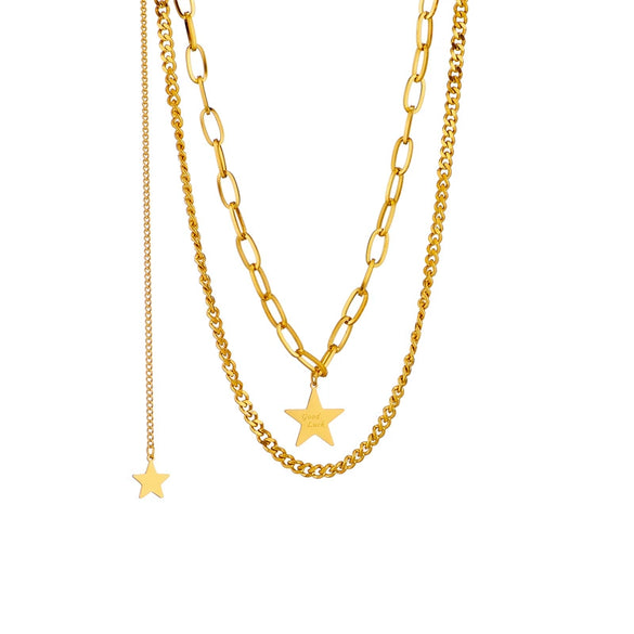 Wholesale Jewelry Titanium Steel Geometric Fivepointed Star Doublelayer Pendant Clavicle Necklace Electroplated For Women