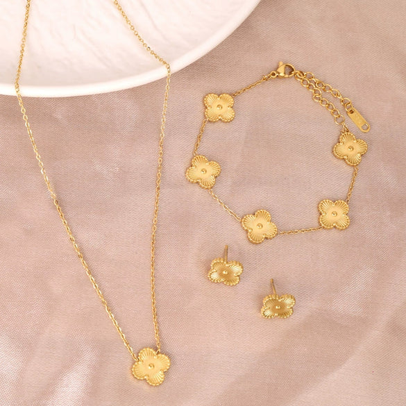 Wholesale Jewelry Titanium Steel Geometric Fourleaf Clover Electroplating Light Luxury Nonfading Necklace Bracelet Earrings Set