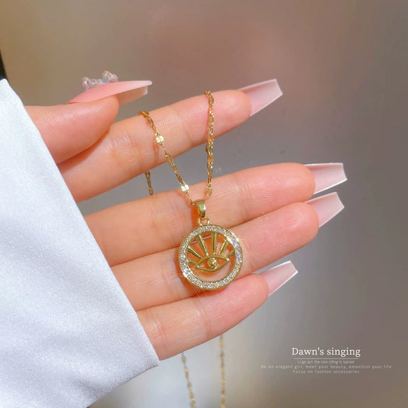 Wholesale Jewelry Titanium Steel Geometric Gold Plated Copper Devil's Eye Ring And Necklace With Diamond Micropaved Zircon Exotic Style For Women