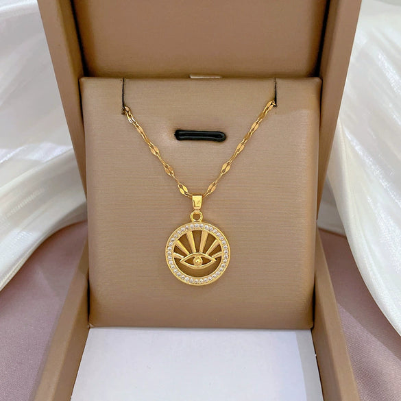Wholesale Jewelry Titanium Steel Geometric Gold Plated Copper Devil's Eye Ring And Necklace With Diamond Micropaved Zircon Exotic Style For Women