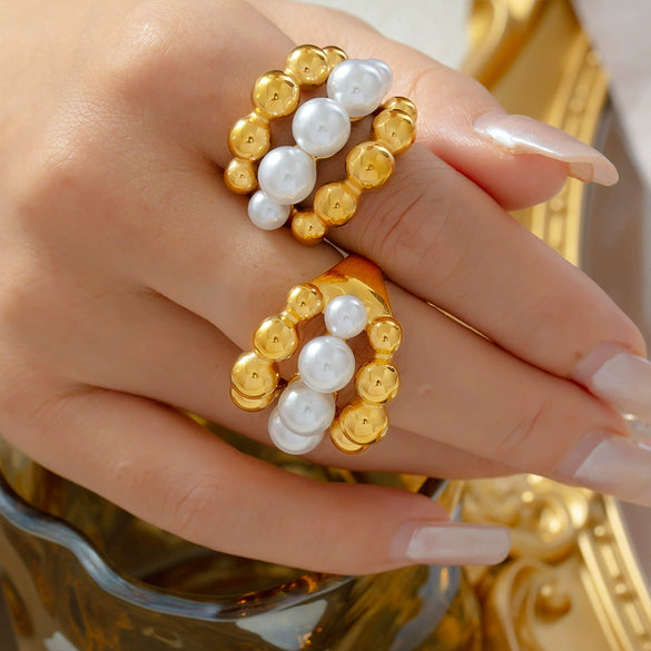 Wholesale Jewelry 316L Stainless Steel Geometric Goldplated Multilayer Ring With Beads Stitching Design